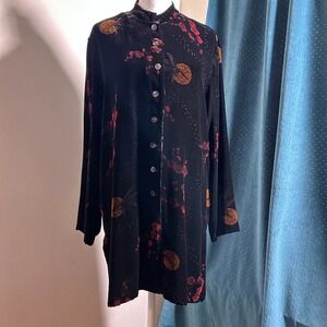 Asian Silk Velvet Printed button front Long Jacket black orange red Chico's 1